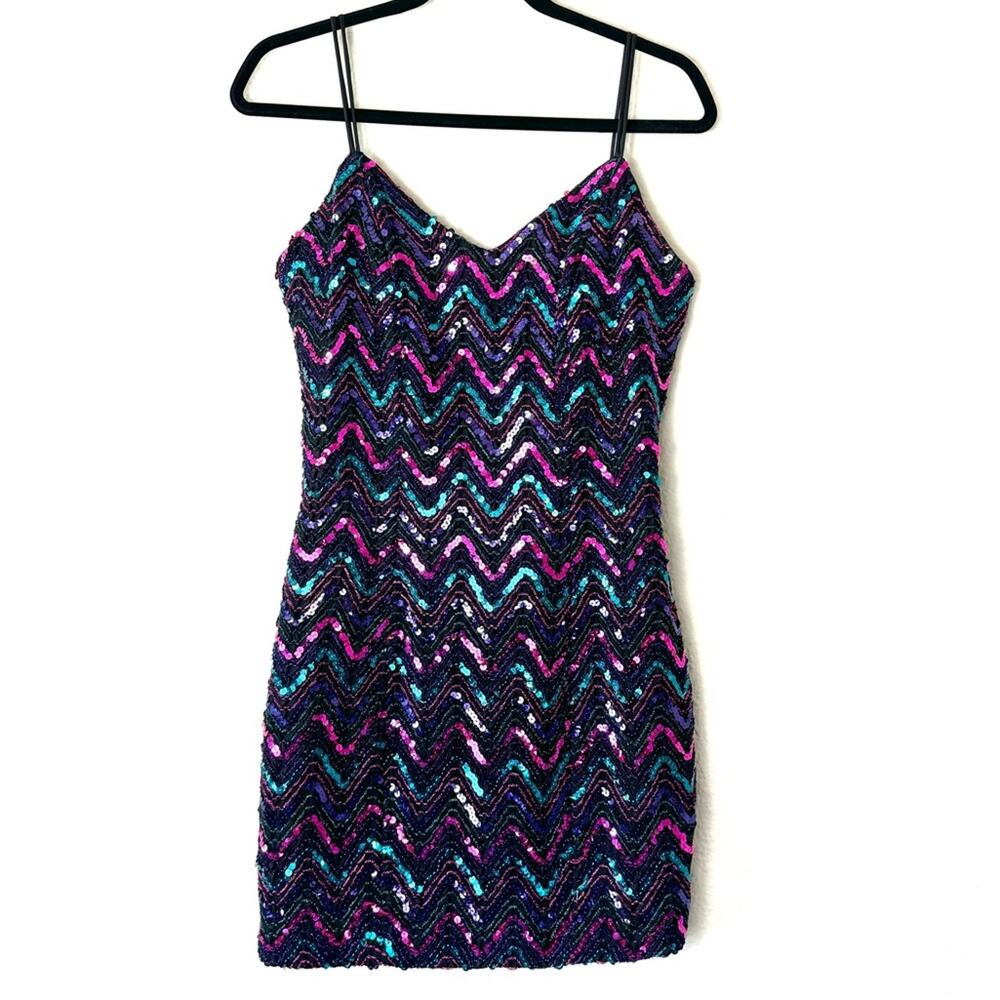 Vintage 80s 90s Multicolored Sequin Party Cocktail Mini Dress Size Small